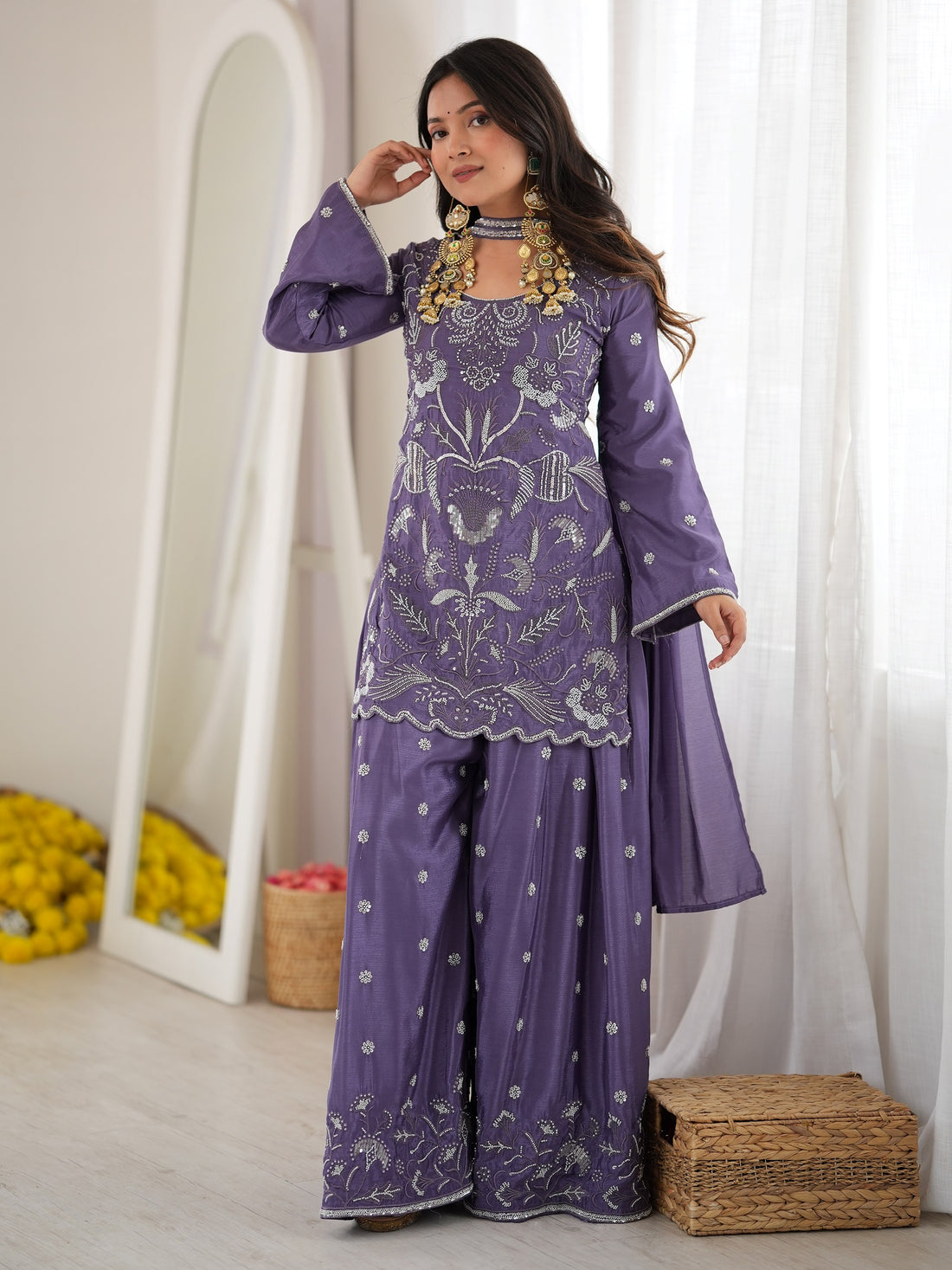 Attractive Purple Beads Work Silk Festive Wear Palazzo Suit
