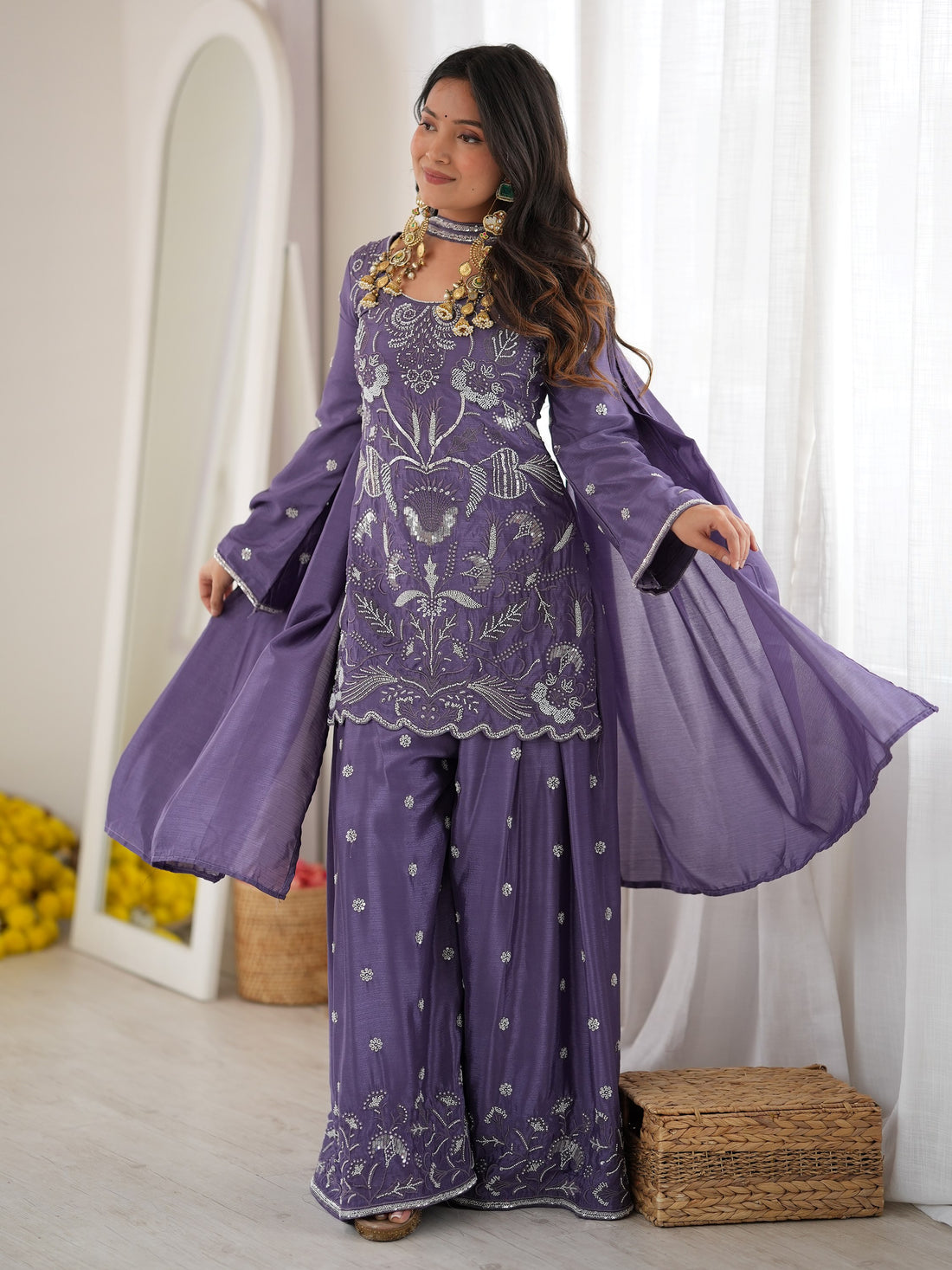 Attractive Purple Beads Work Silk Festive Wear Palazzo Suit