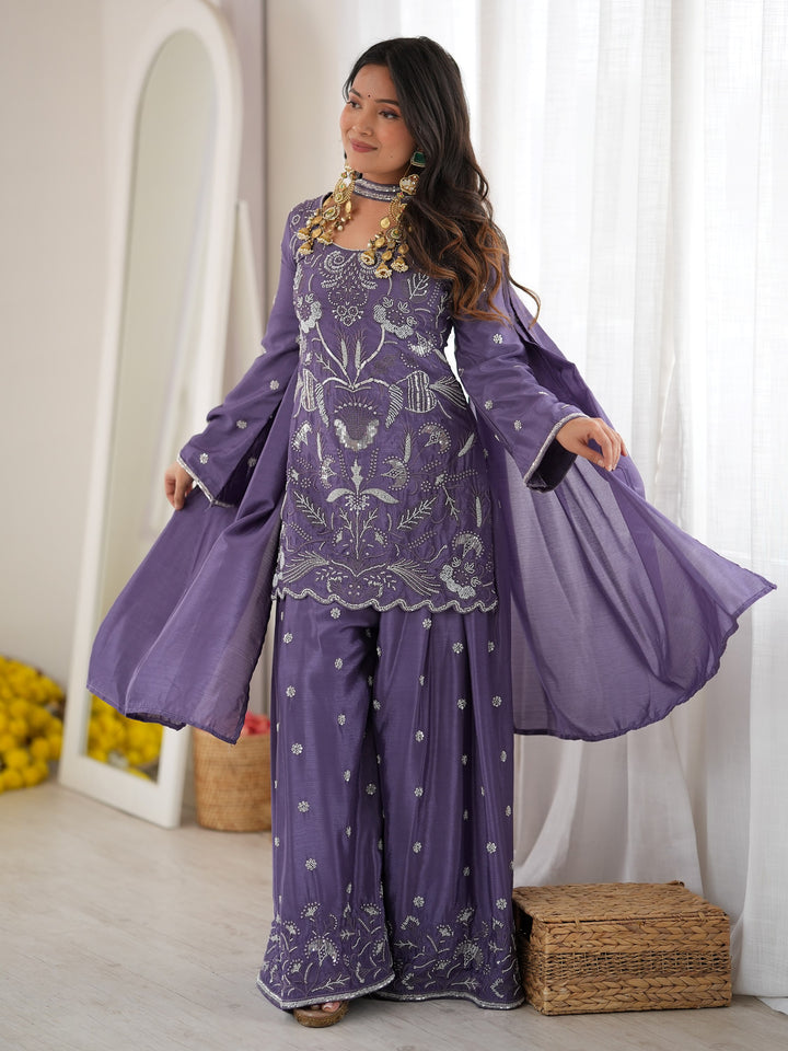 Attractive Purple Beads Work Silk Festive Wear Palazzo Suit