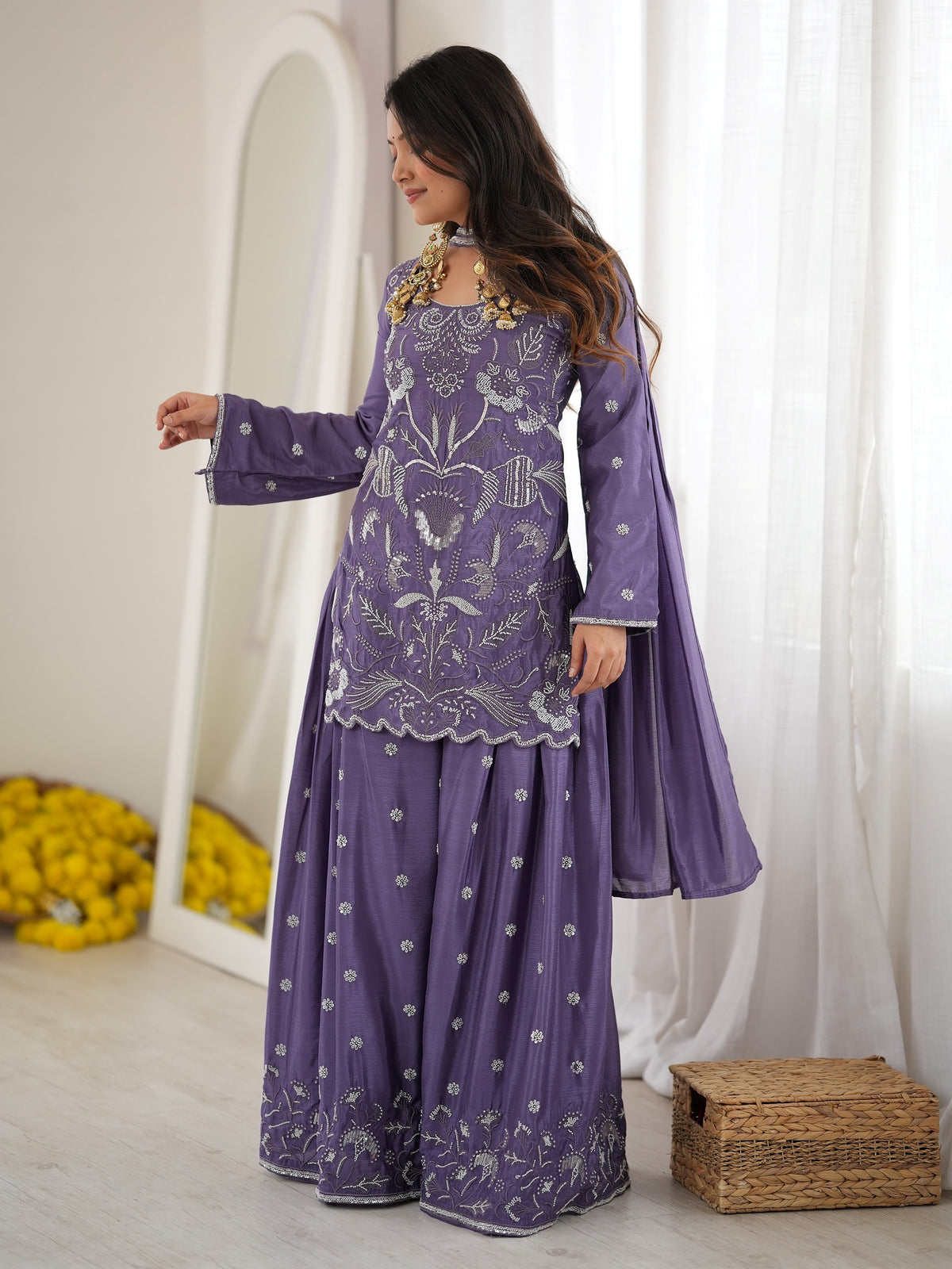 Attractive Purple Beads Work Silk Festive Wear Palazzo Suit
