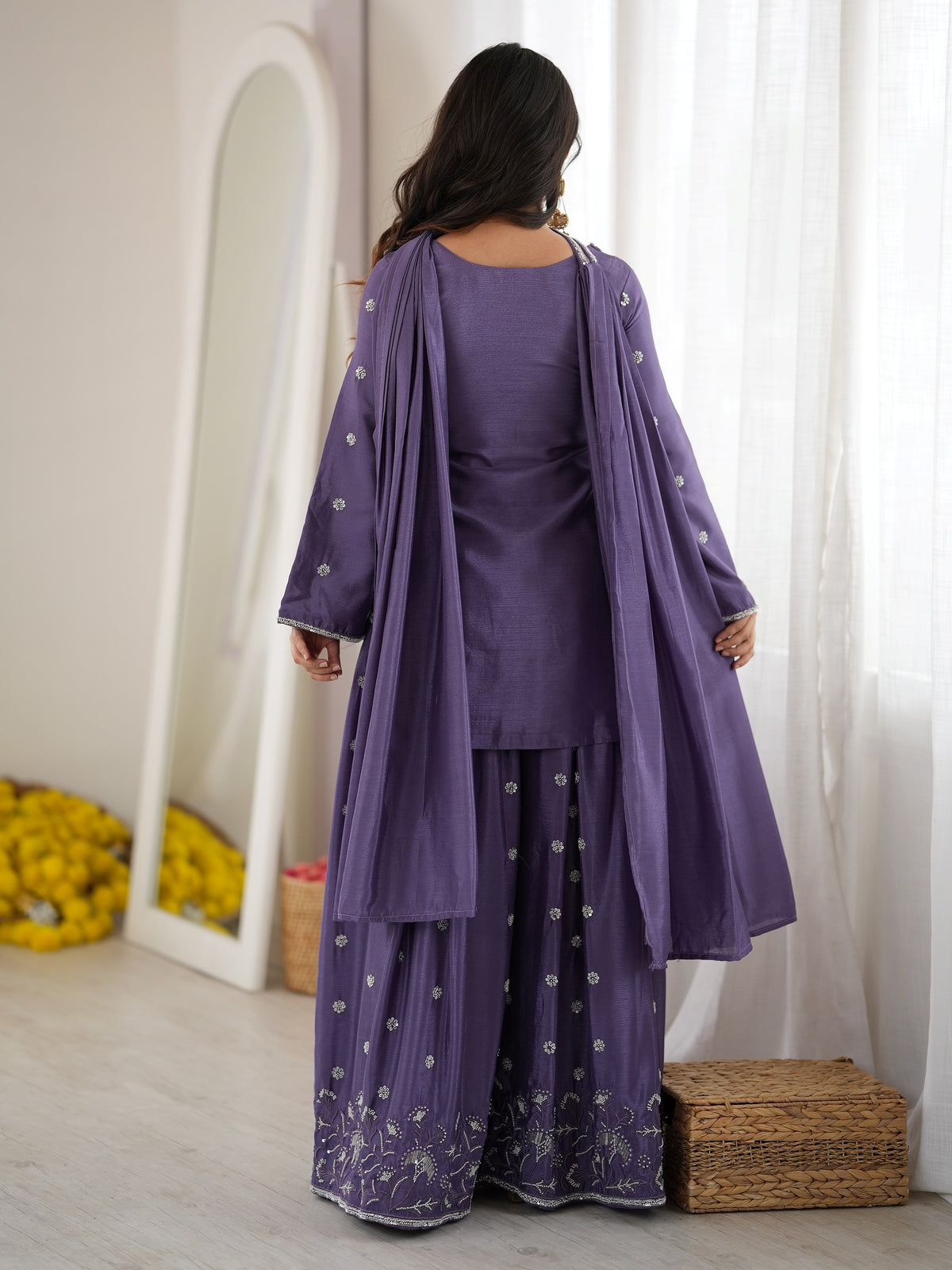 Attractive Purple Beads Work Silk Festive Wear Palazzo Suit