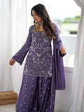 Attractive Purple Beads Work Silk Festive Wear Palazzo Suit