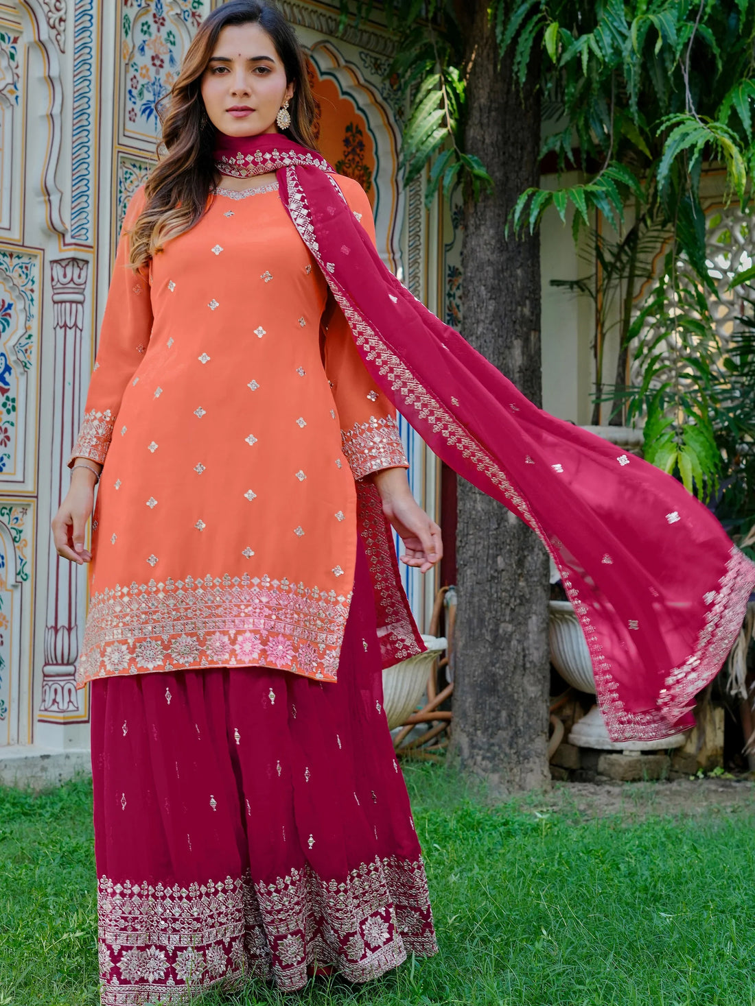 Marvelous Orange Thread Embroidery Silk Festive Wear Palazzo Suit