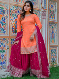 Marvelous Orange Thread Embroidery Silk Festive Wear Palazzo Suit