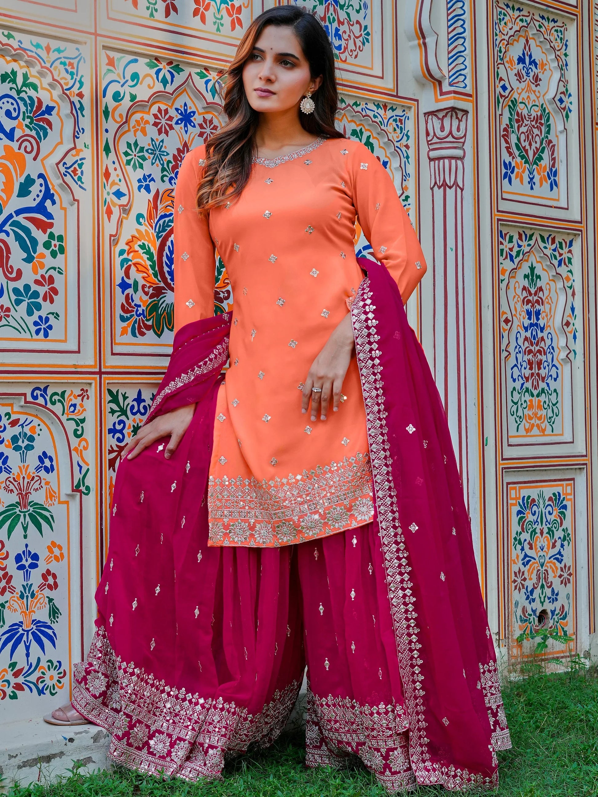 Marvelous Orange Thread Embroidery Silk Festive Wear Palazzo Suit