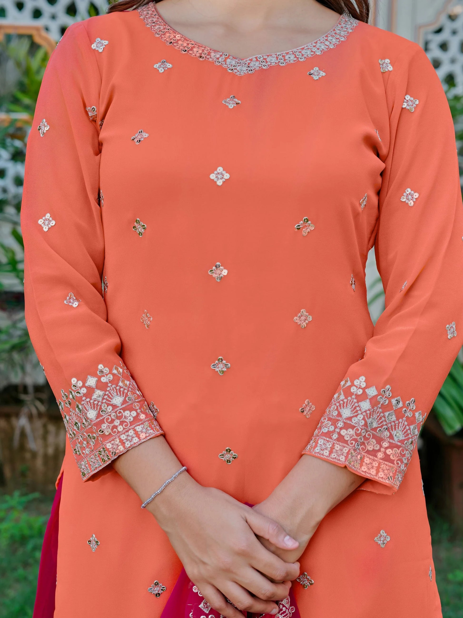 Marvelous Orange Thread Embroidery Silk Festive Wear Palazzo Suit