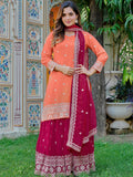Marvelous Orange Thread Embroidery Silk Festive Wear Palazzo Suit