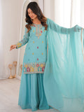 Notable Sky Blue Zari Embroidered Function Wear Sharara Suit With Dupatta
