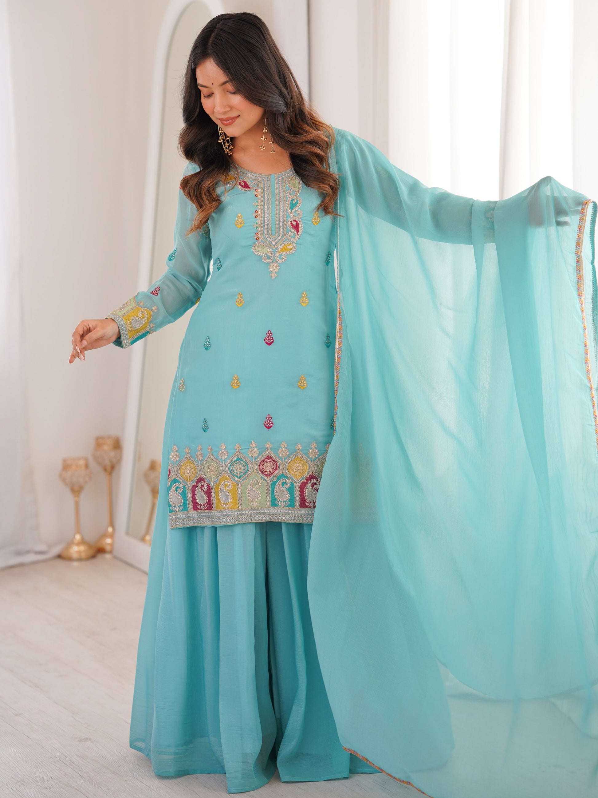 Notable Sky Blue Zari Embroidered Function Wear Sharara Suit With Dupatta