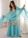 Notable Sky Blue Zari Embroidered Function Wear Sharara Suit With Dupatta