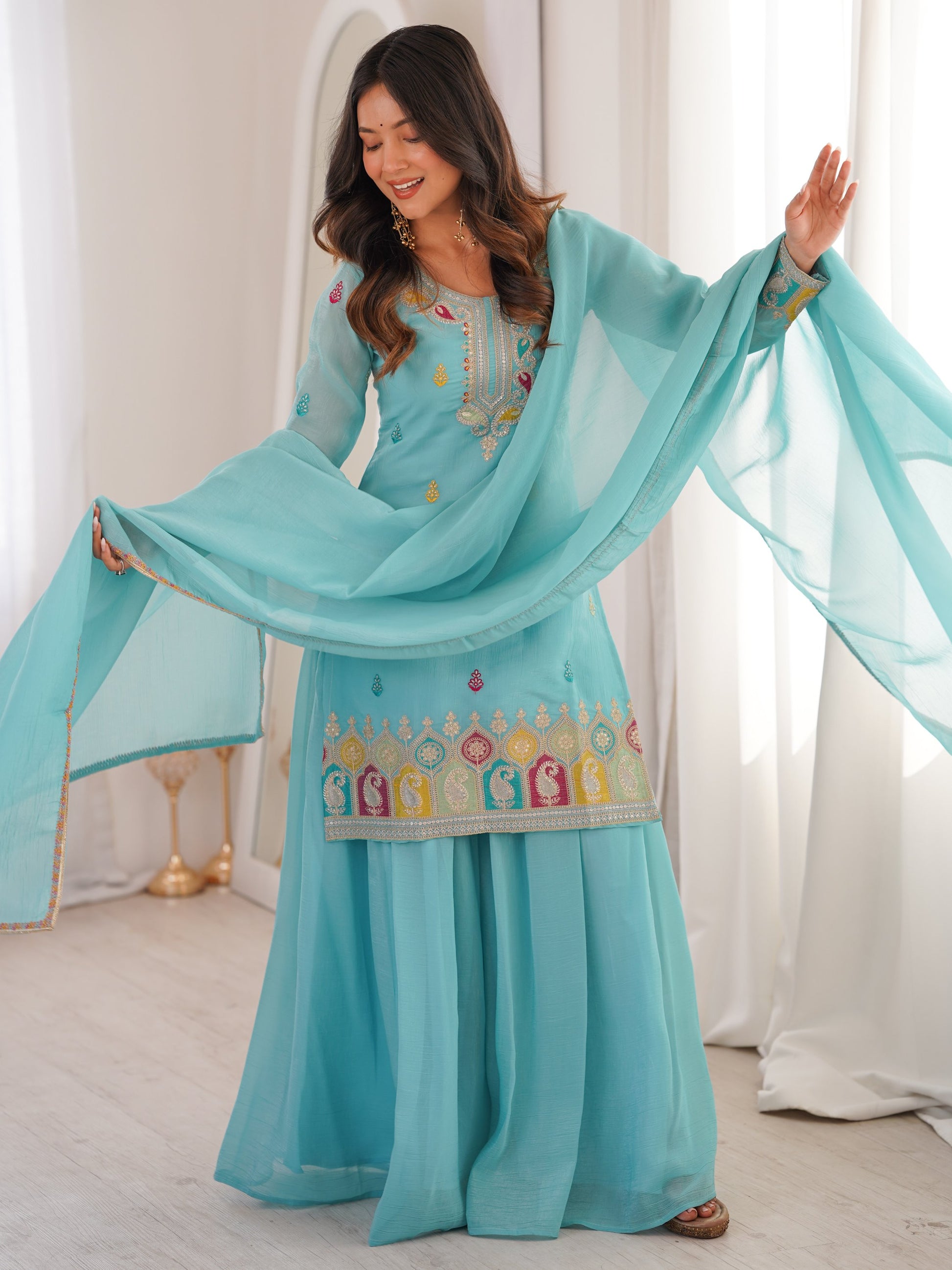 Notable Sky Blue Zari Embroidered Function Wear Sharara Suit With Dupatta