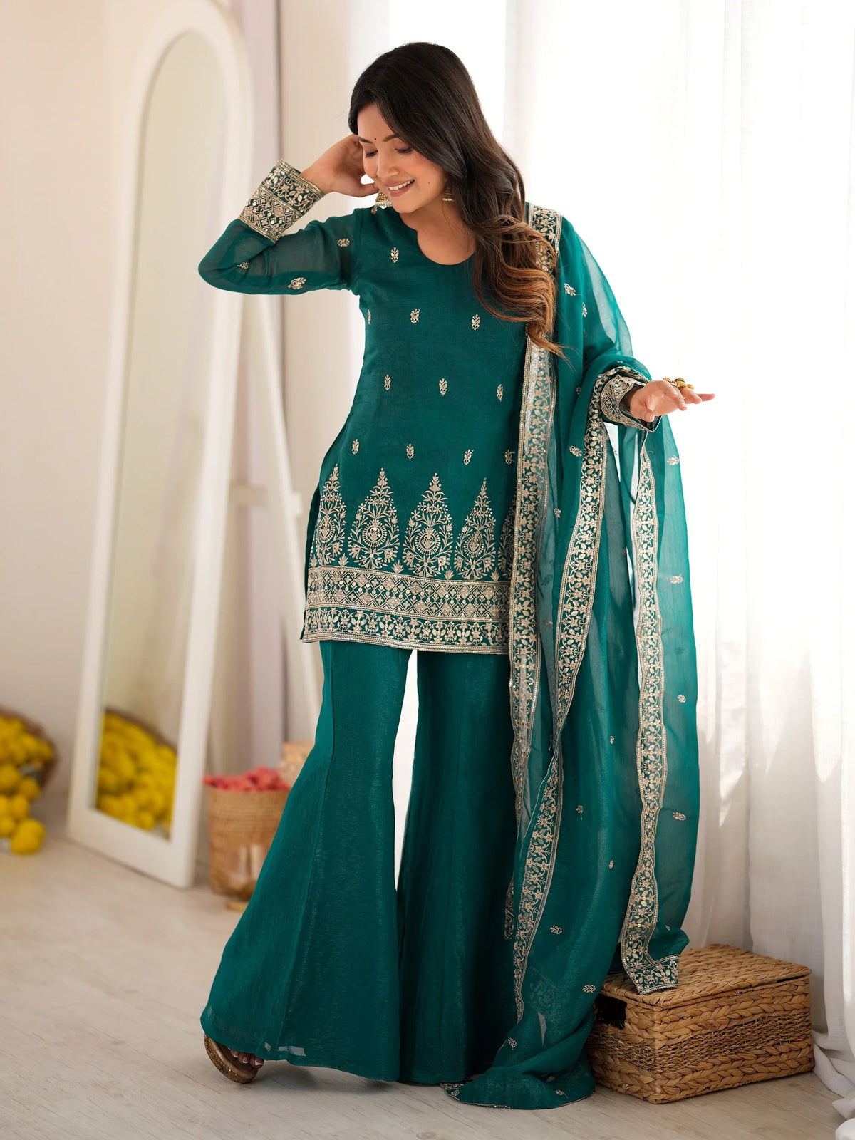 Graceful Teal Green Embroidered Silk Festival Wear Salwar Suit