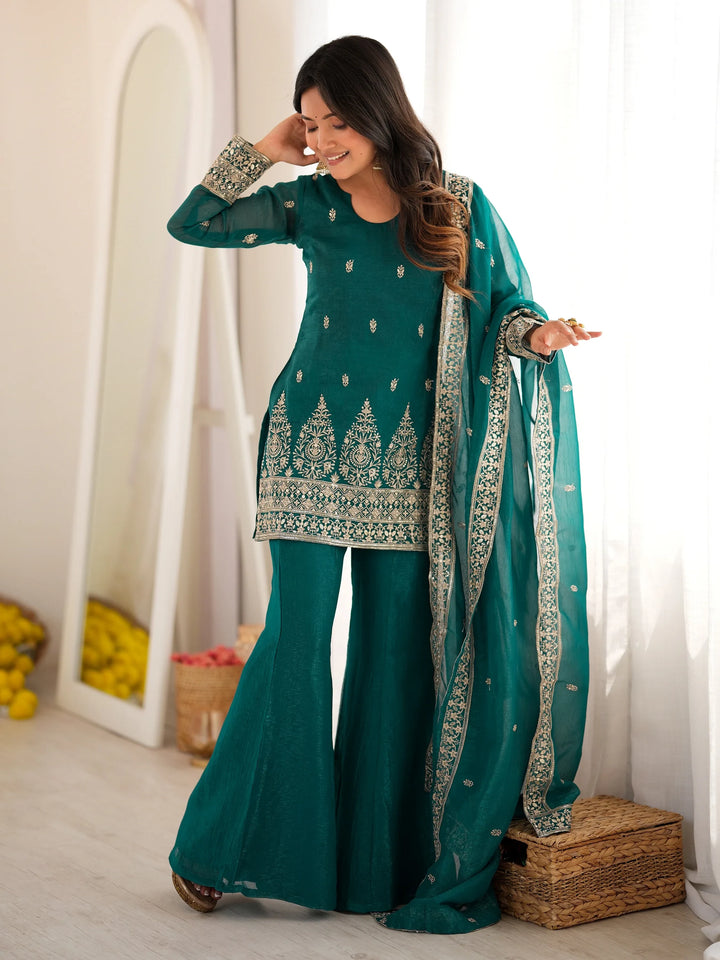 Graceful Teal Green Embroidered Silk Festival Wear Salwar Suit