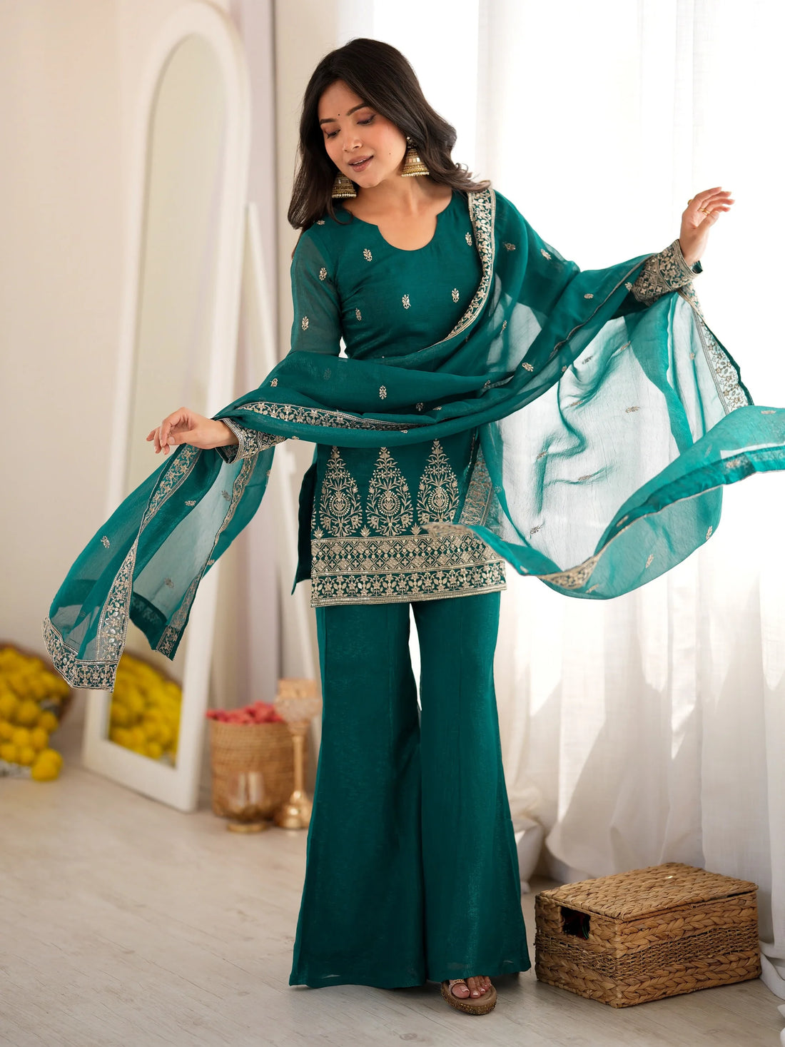 Graceful Teal Green Embroidered Silk Festival Wear Salwar Suit
