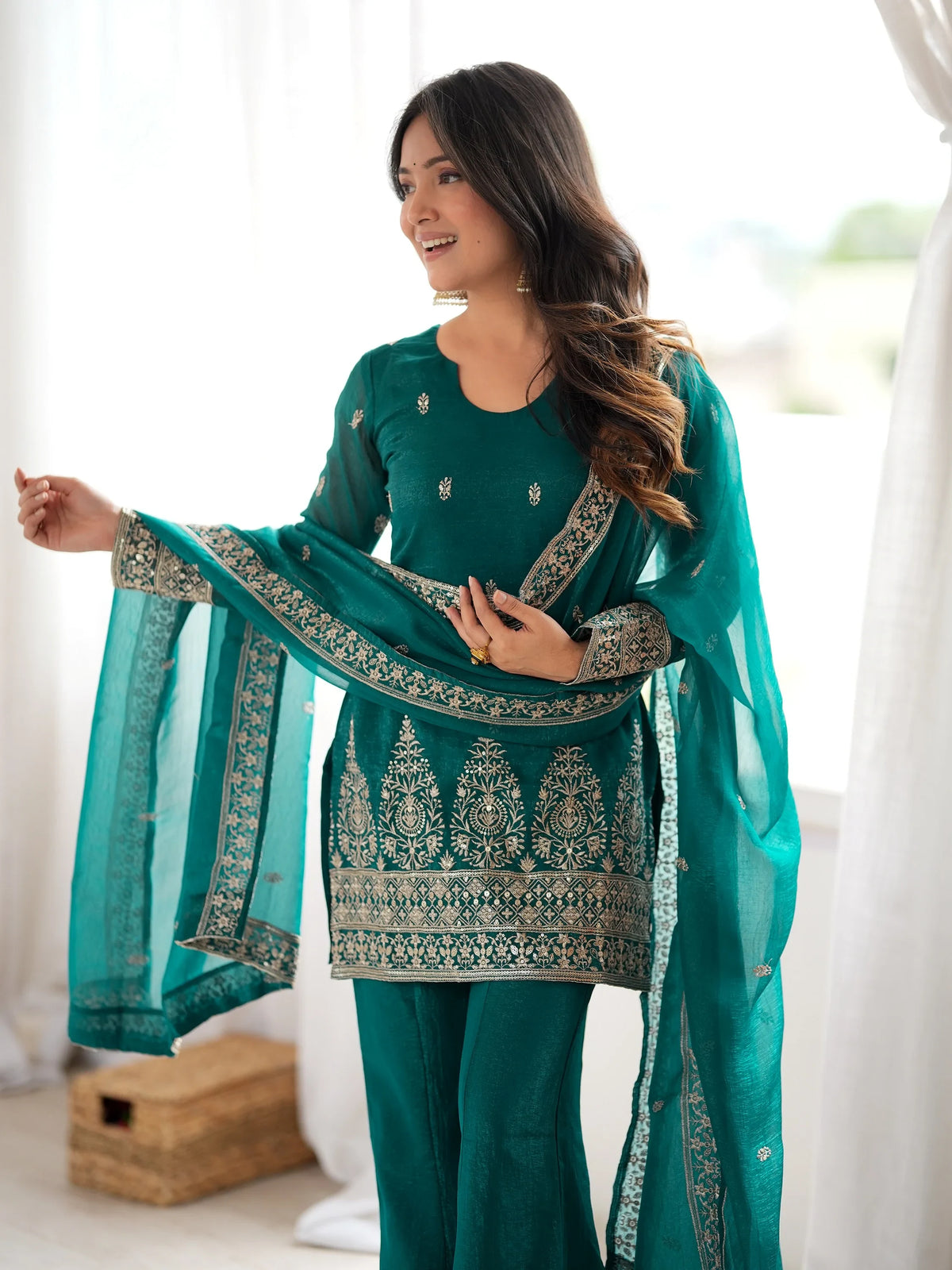 Graceful Teal Green Embroidered Silk Festival Wear Salwar Suit