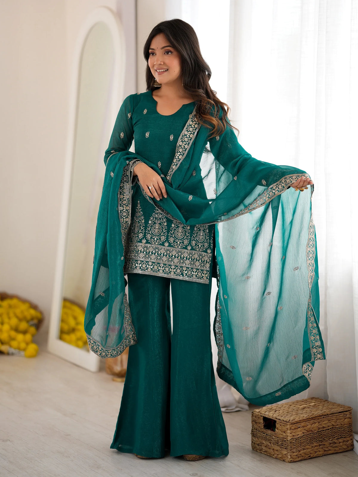 Graceful Teal Green Embroidered Silk Festival Wear Salwar Suit