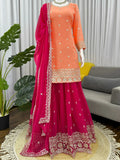 Marvelous Orange Thread Embroidery Silk Festive Wear Palazzo Suit