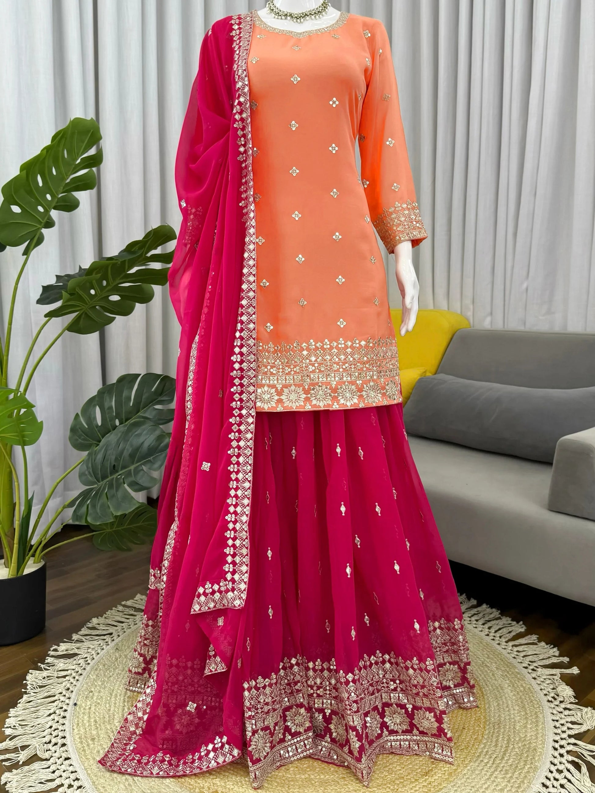 Marvelous Orange Thread Embroidery Silk Festive Wear Palazzo Suit