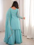 Notable Sky Blue Zari Embroidered Function Wear Sharara Suit With Dupatta