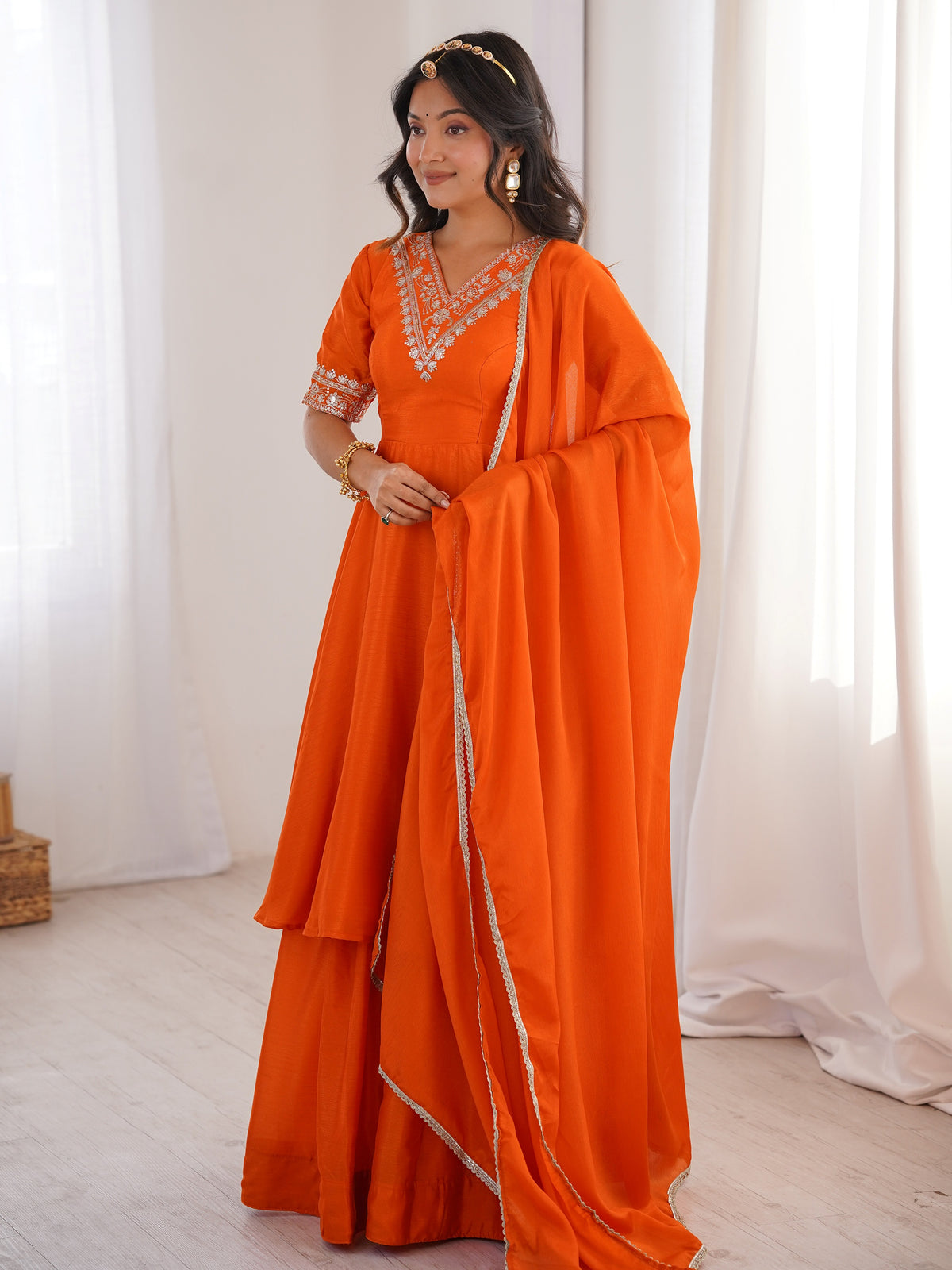 Dazzling Orange Thread Work Silk Festive Wear Palazzo Suit