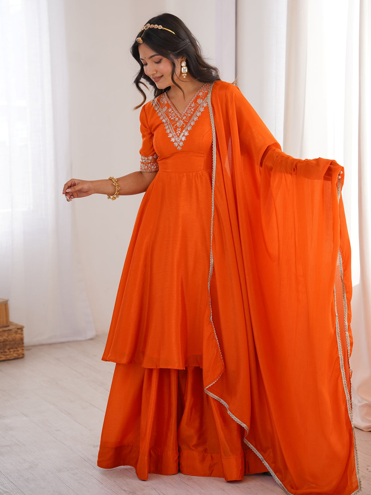 Dazzling Orange Thread Work Silk Festive Wear Palazzo Suit