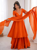 Dazzling Orange Thread Work Silk Festive Wear Palazzo Suit