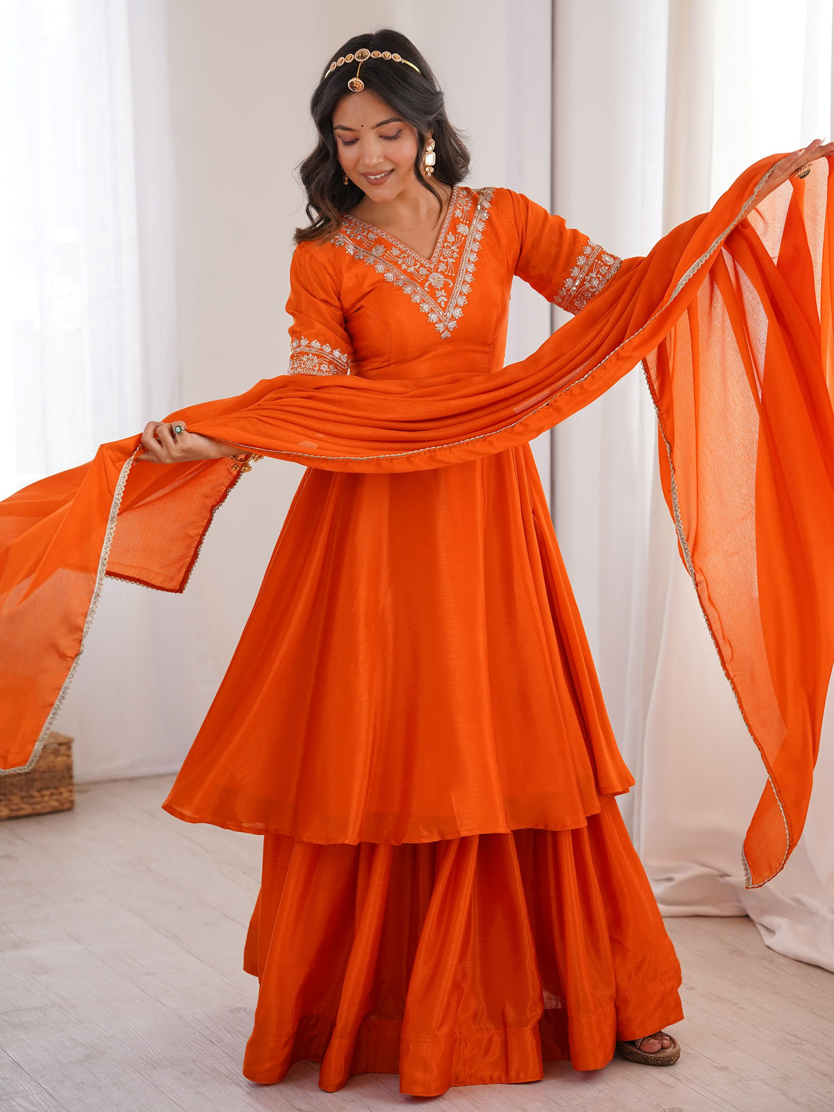 Dazzling Orange Thread Work Silk Festive Wear Palazzo Suit