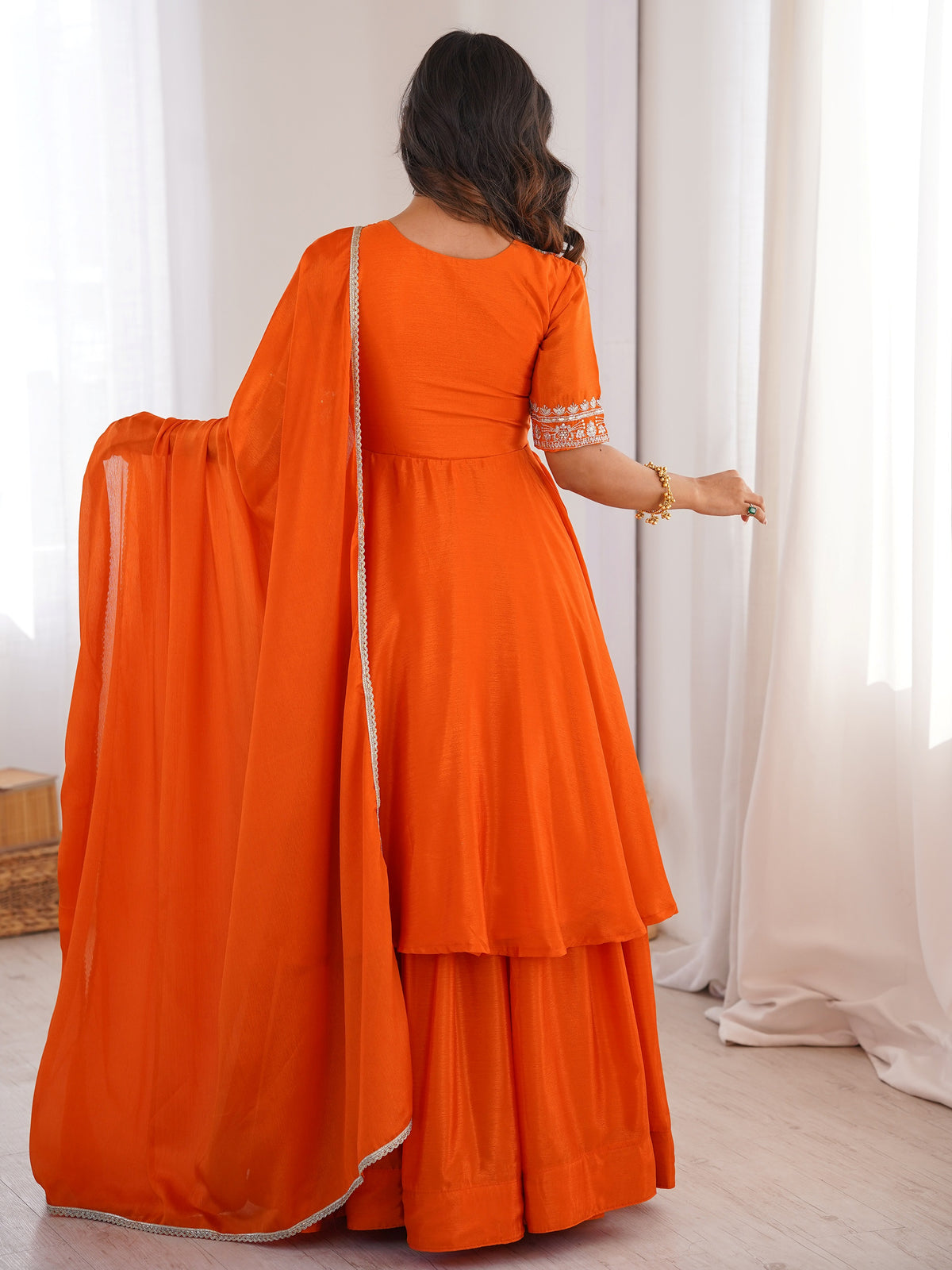 Dazzling Orange Thread Work Silk Festive Wear Palazzo Suit