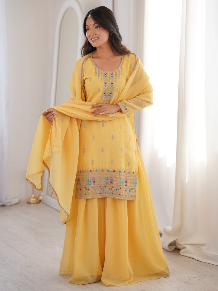 Majestic Yellow Dori Embroidered Haldi Wear Sharara Suit With Dupatta