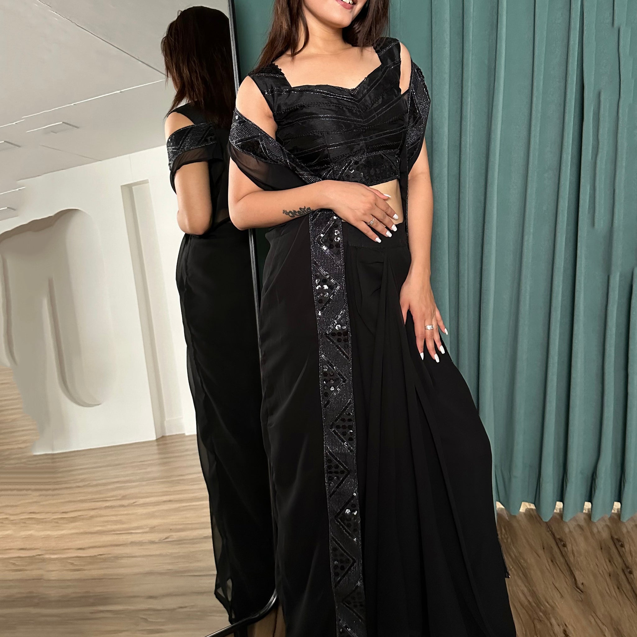 Incredible Black Georgette Event Wear Skirt Choli With Koti