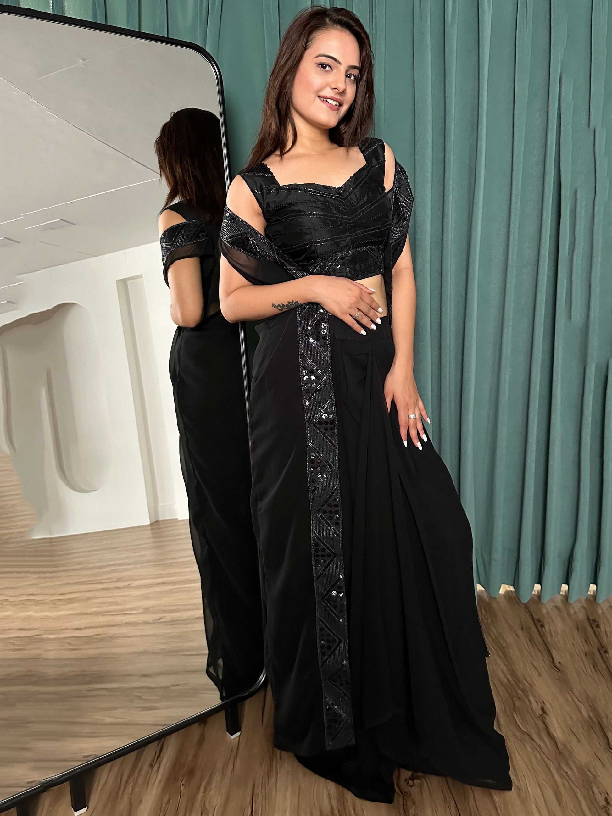 Incredible Black Georgette Event Wear Skirt Choli With Koti