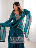 Elegant Teal Green Embroidered Silk Wedding Wear Sharara Suit