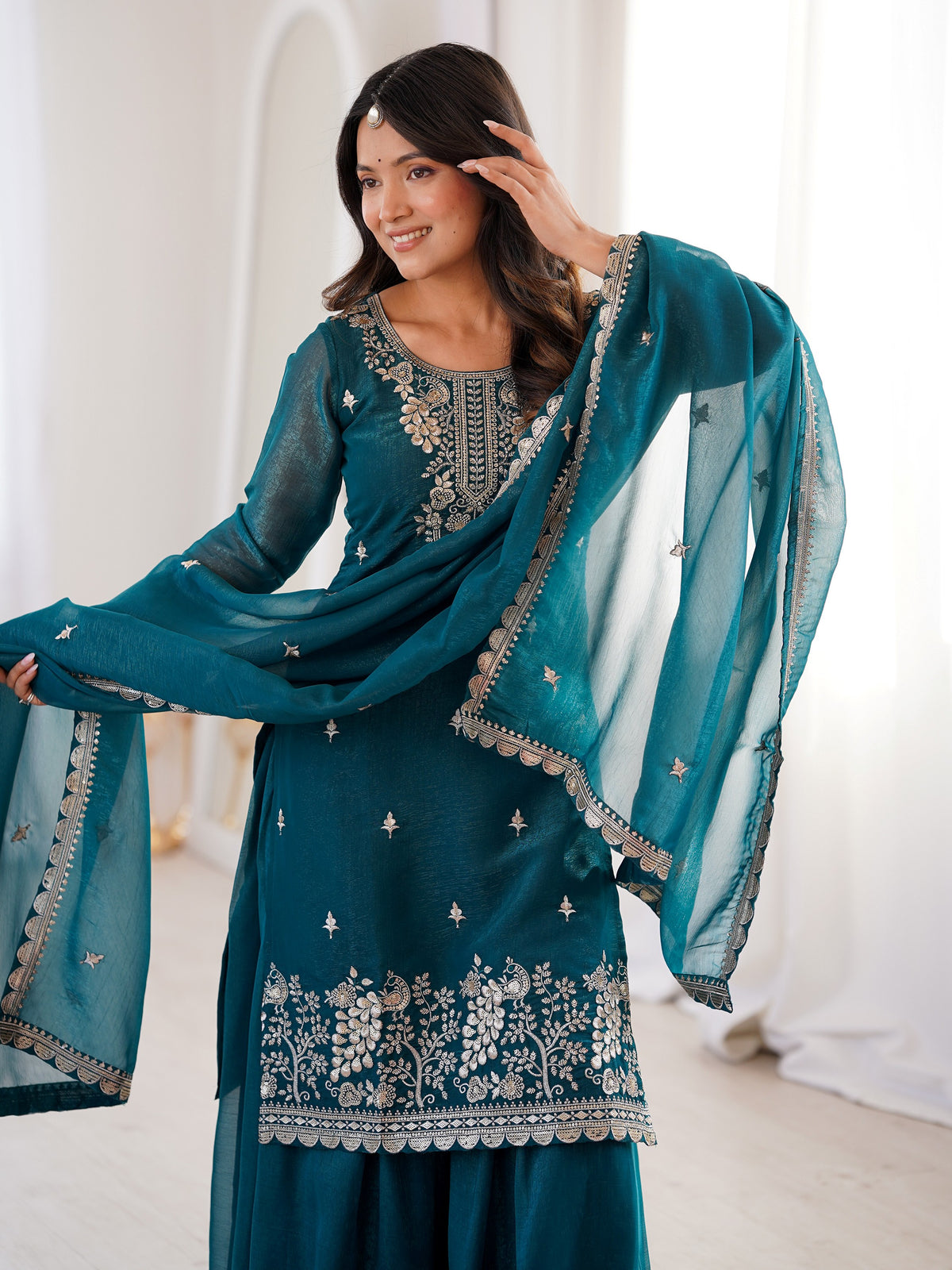 Elegant Teal Green Embroidered Silk Wedding Wear Sharara Suit