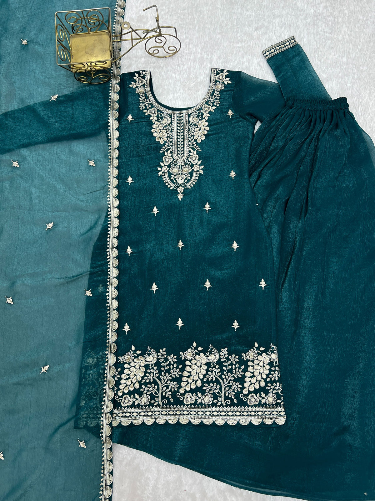Elegant Teal Green Embroidered Silk Wedding Wear Sharara Suit
