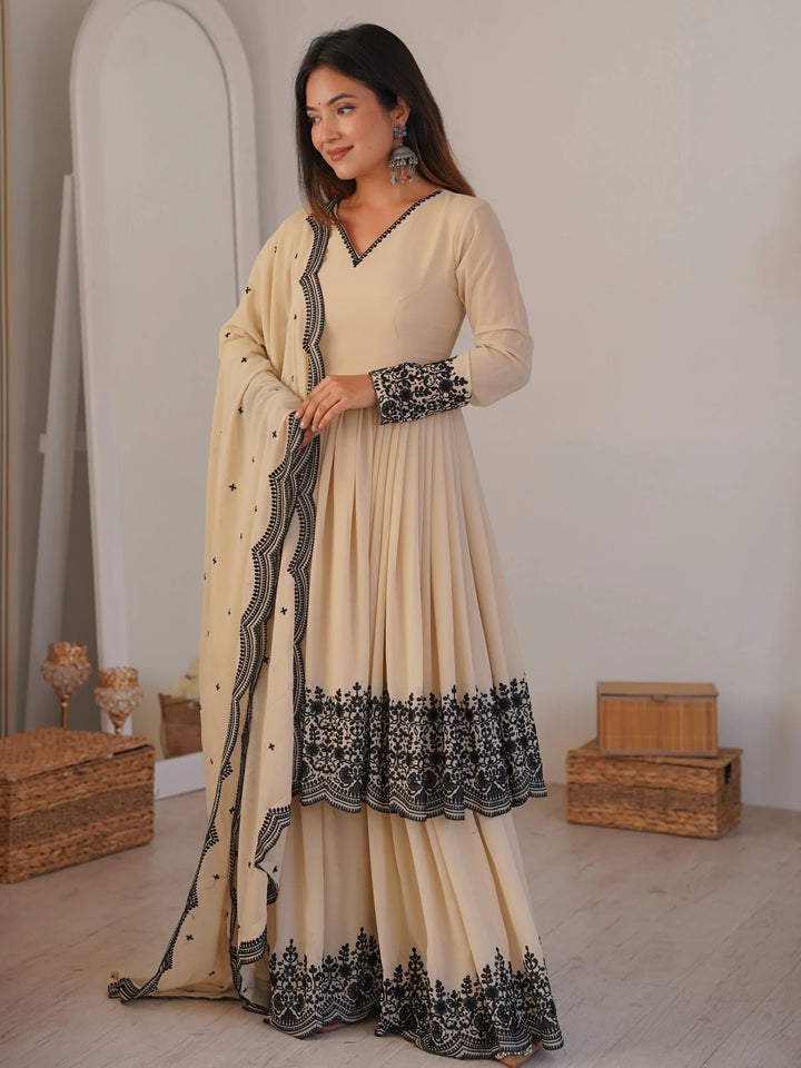 Adorable Beige Embroidered Designer Palazzo Suit With Dupatta