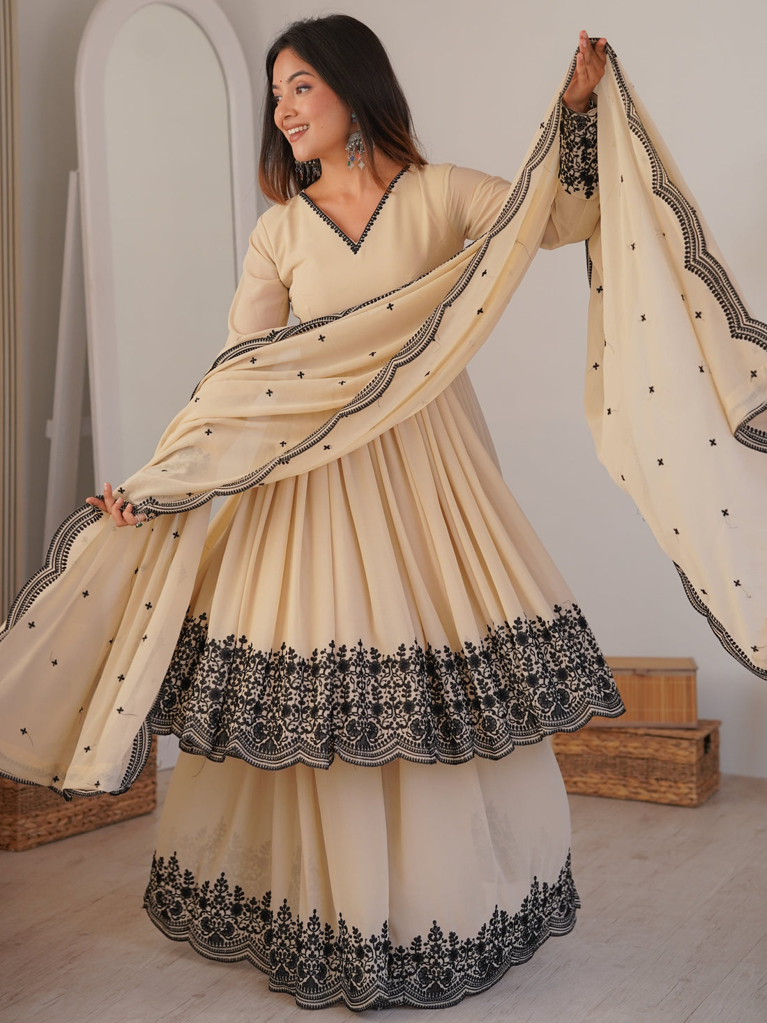 Adorable Beige Embroidered Designer Palazzo Suit With Dupatta