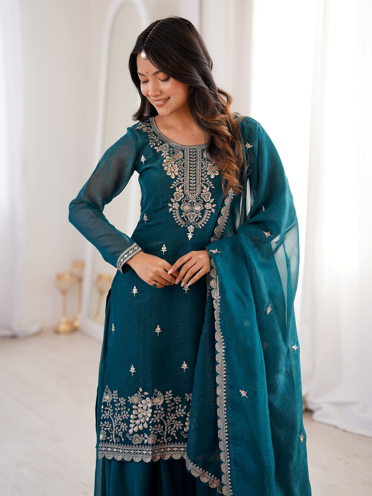 Elegant Teal Green Embroidered Silk Wedding Wear Sharara Suit
