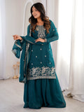 Elegant Teal Green Embroidered Silk Wedding Wear Sharara Suit