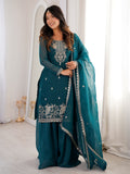 Elegant Teal Green Embroidered Silk Wedding Wear Sharara Suit