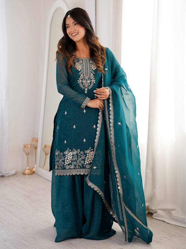 Elegant Teal Green Embroidered Silk Wedding Wear Sharara Suit