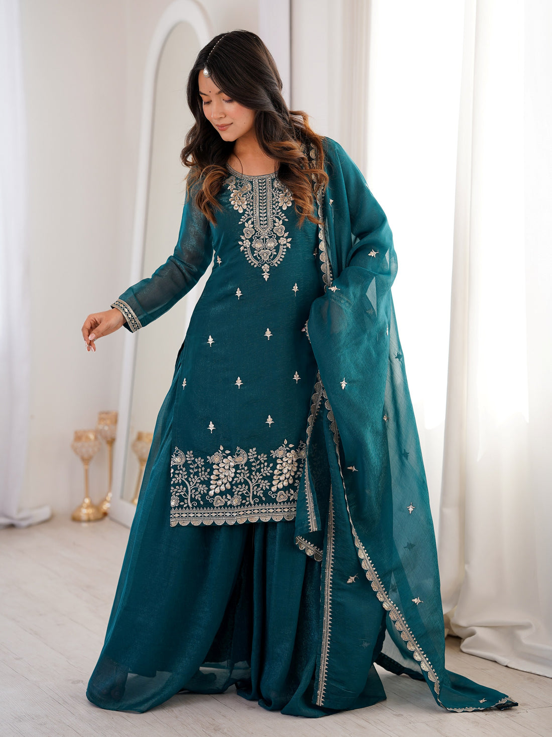 Elegant Teal Green Embroidered Silk Wedding Wear Sharara Suit