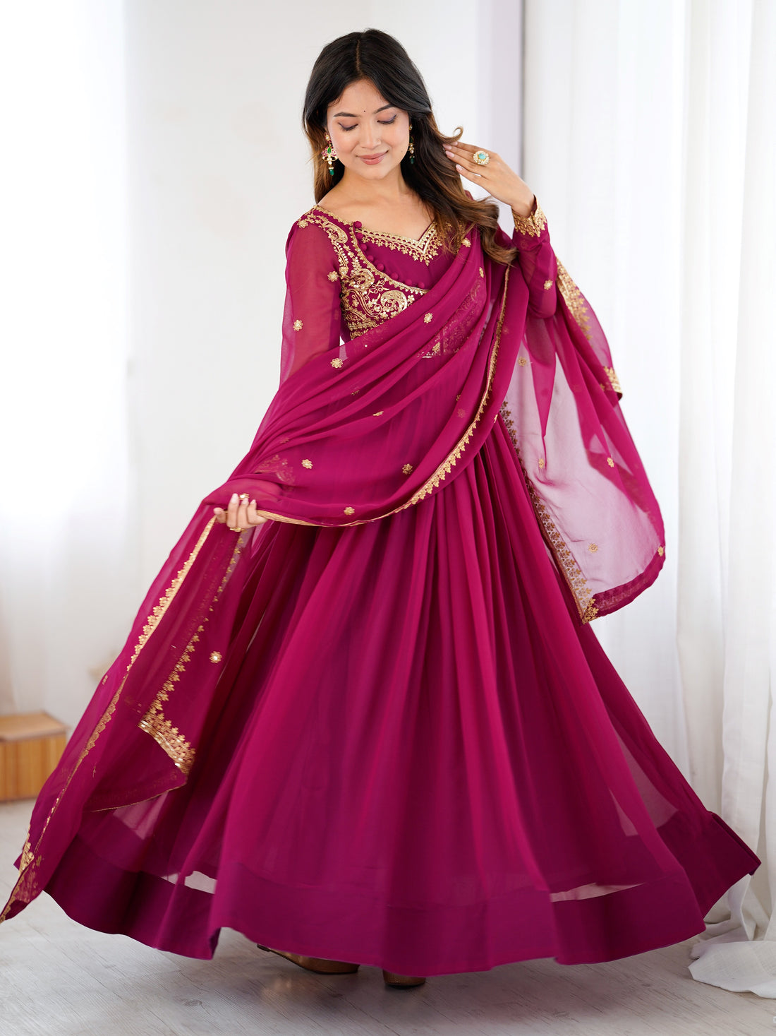 Pretty Pink Sequins Georgette Engagement Wear Anarkali Gown With Dupatta