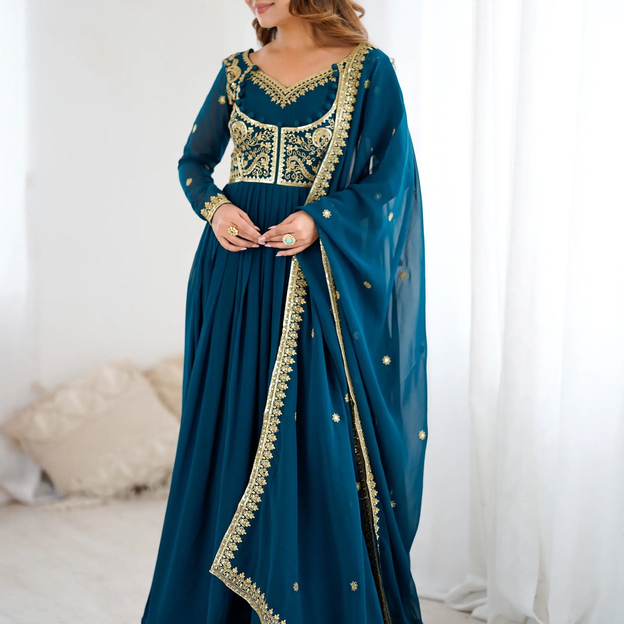 Exclusive Teal Blue Sequins Georgette Festive Wear Gown With Dupatta
