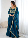 Exclusive Teal Blue Sequins Georgette Festive Wear Gown With Dupatta
