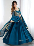 Exclusive Teal Blue Sequins Georgette Festive Wear Gown With Dupatta
