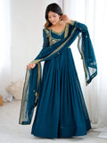 Exclusive Teal Blue Sequins Georgette Festive Wear Gown With Dupatta