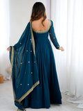 Exclusive Teal Blue Sequins Georgette Festive Wear Gown With Dupatta