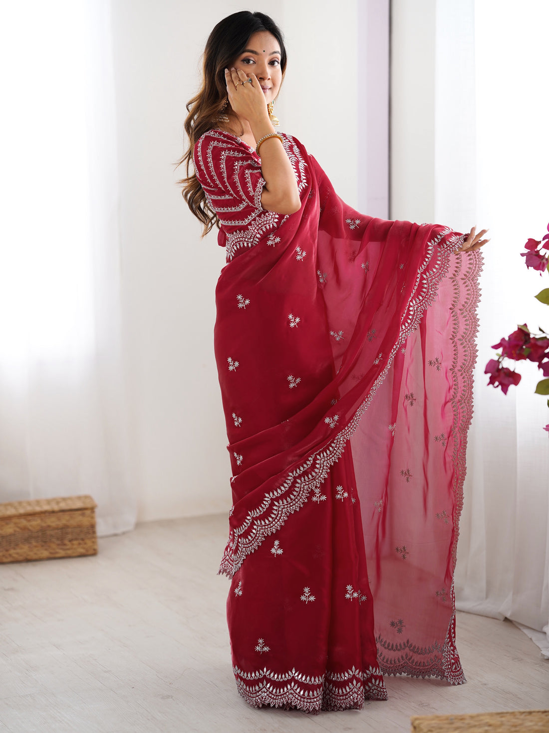 Amazing Red Thread Work Organza Wedding Saree With Blouse