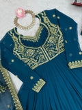 Exclusive Teal Blue Sequins Georgette Festive Wear Gown With Dupatta