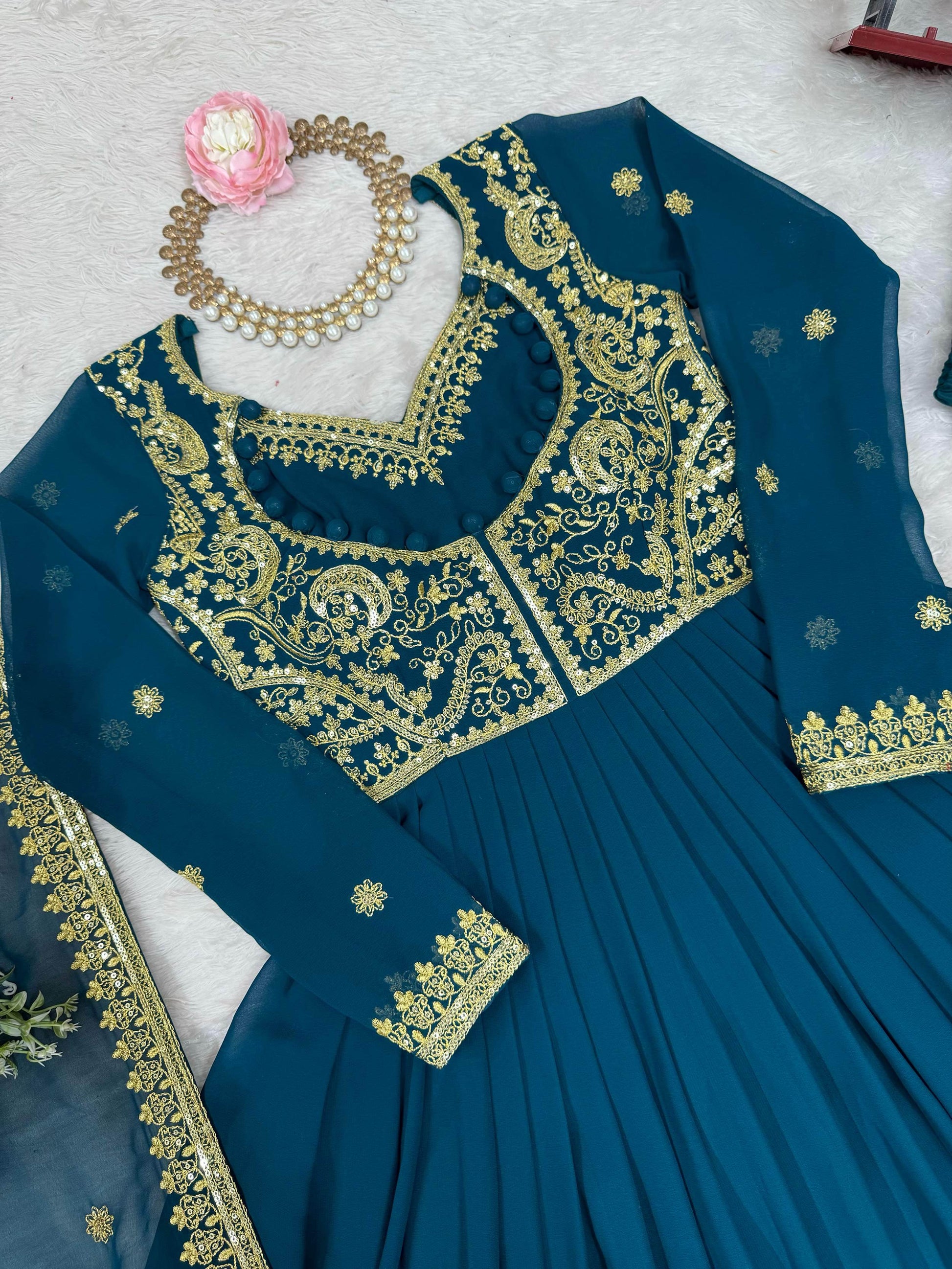 Exclusive Teal Blue Sequins Georgette Festive Wear Gown With Dupatta